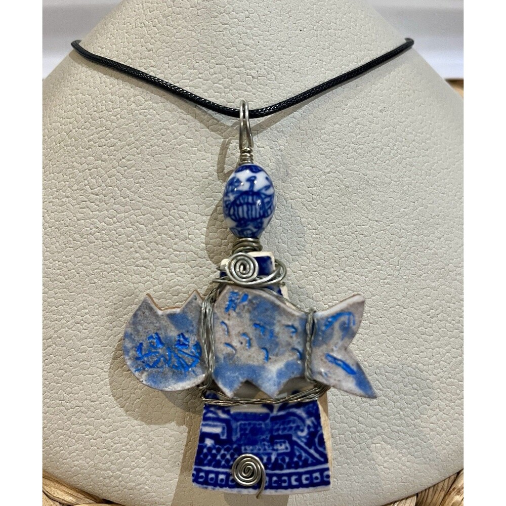 Vintage Hand Made Broken Blue Pottery Ceramic W/ Catfish Necklace 16in Whimsical